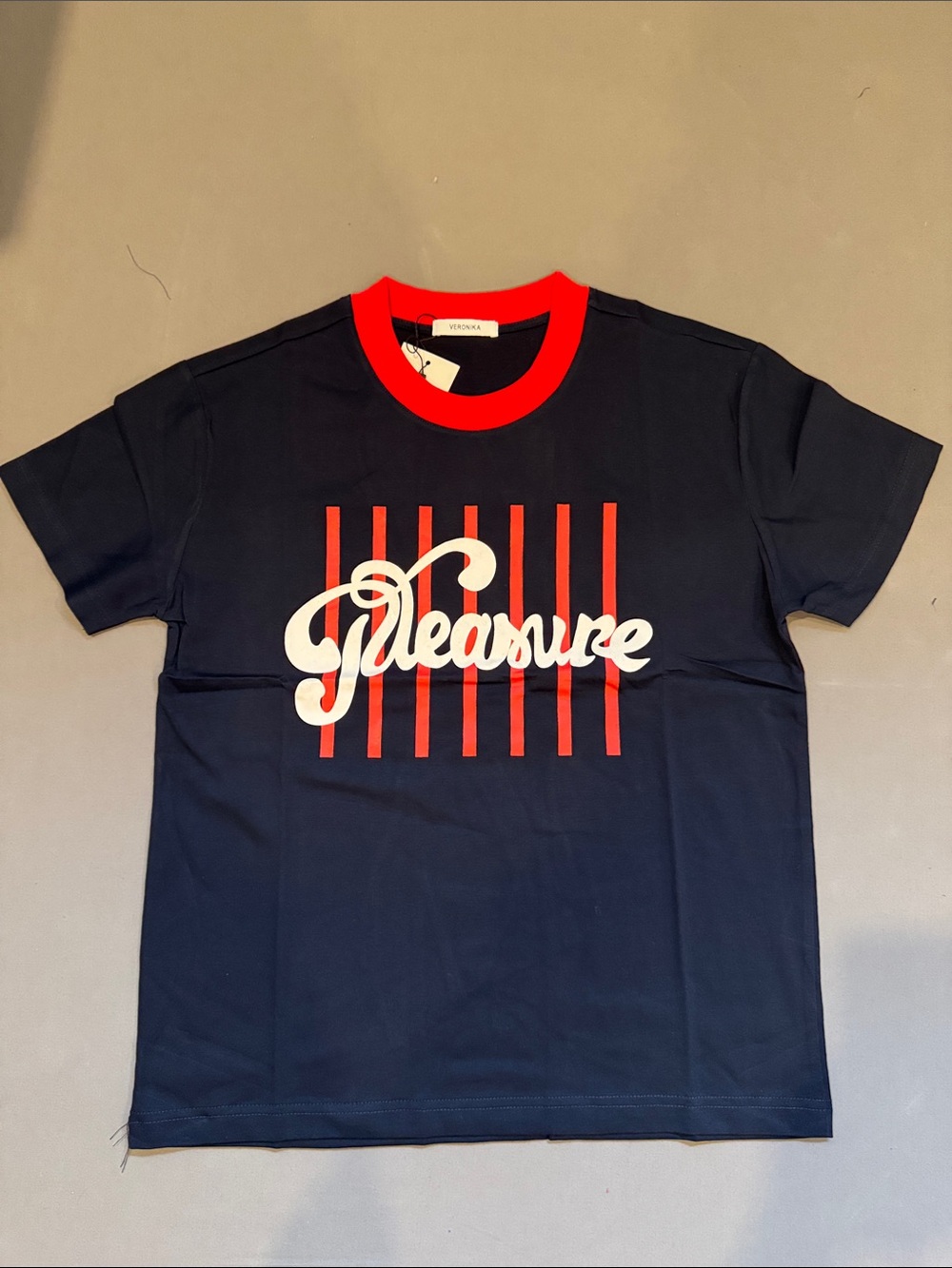 Veronica Beard Navy Tee with Red Trim and White Script